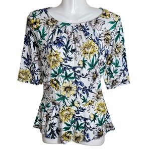 Liz Claiborne Career Women Floral Peplum Top White Yellow Blue M Spring Easter